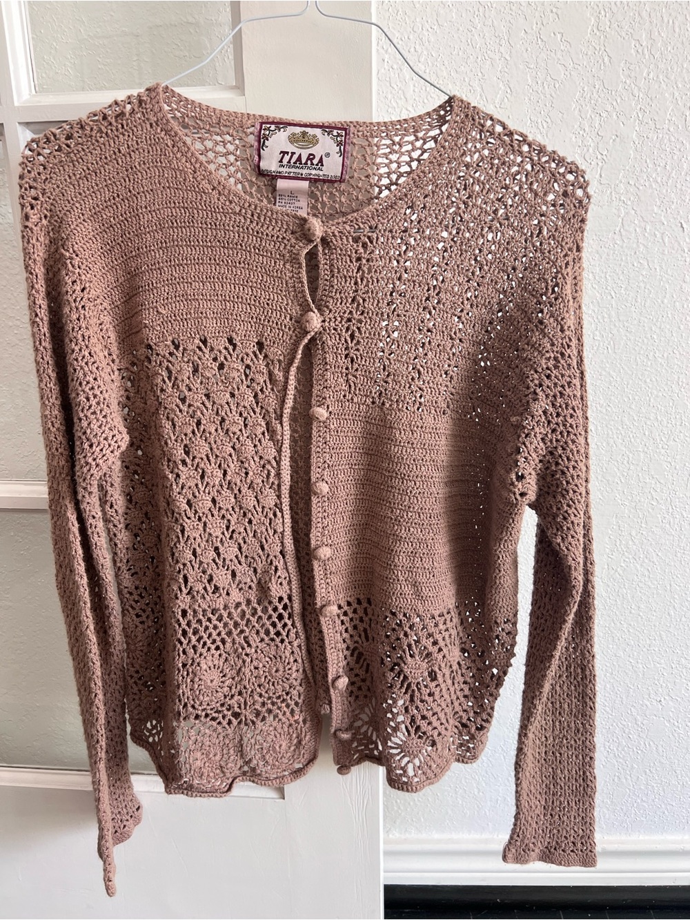 Vintage TIARA Women's Dusty Rose Crochet Button-Front Sweater